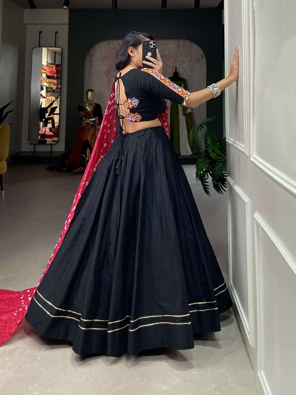 Vastranavya Navaratri Special Pure Cotton Plain With Gotta Patti Touch Up Lehenga Stitched Choli - Black | Grocsy