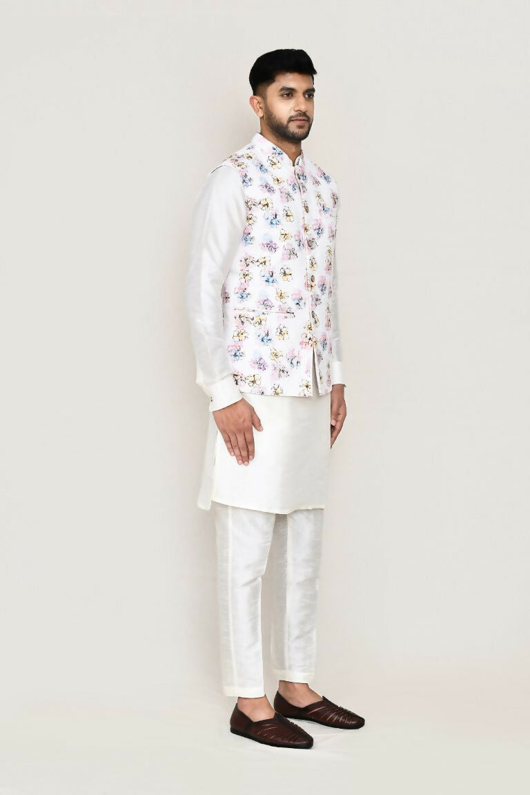 Joban Fashion White Colored Art Silk Fabric Kurta, Jacket With Straight Fit Pant | Grocsy
