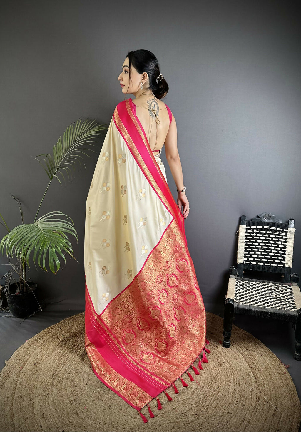 Joban Fashion Cream Banarasi Soft Silk Woven Saree | Grocsy