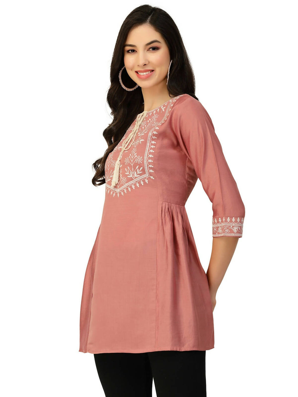 Peach Chinon Slub Floral Embroidered Top - Zeny | Grocsy