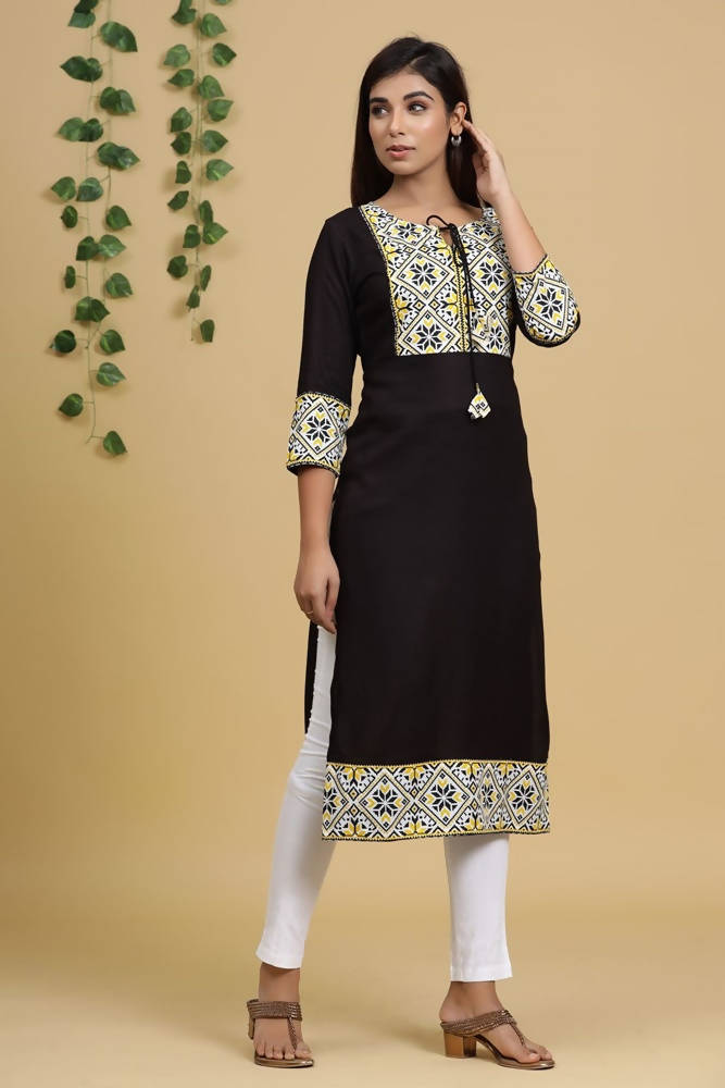 Yufta Women Black & Yellow Geometric Yoke Design Straight Kurta | Grocsy