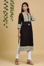 Yufta Women Black & Yellow Geometric Yoke Design Straight Kurta | Grocsy