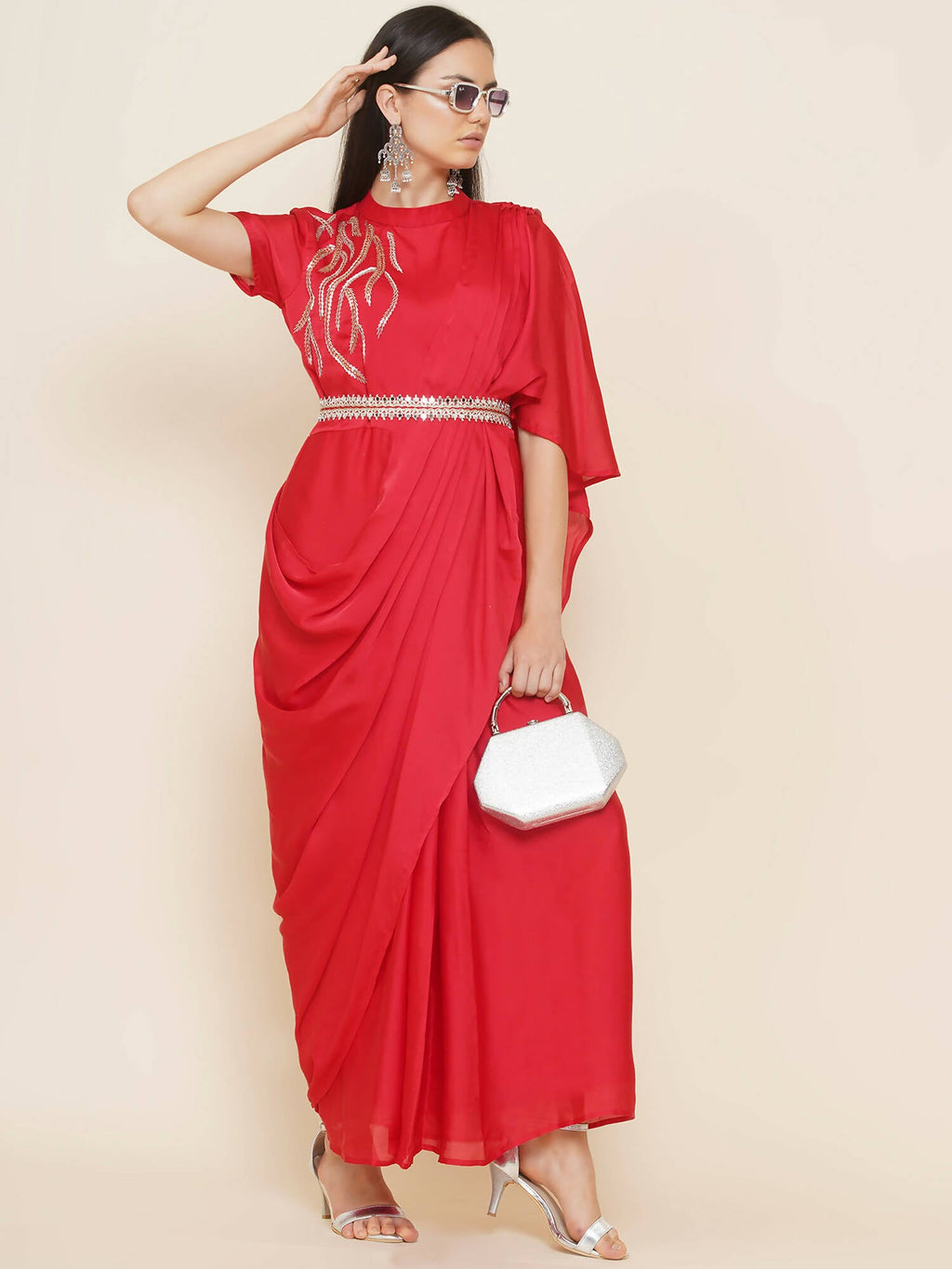 Women Republic Red Hand Embelleshed Gown With Drape | Grocsy