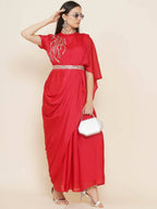 Women Republic Red Hand Embelleshed Gown With Drape | Grocsy