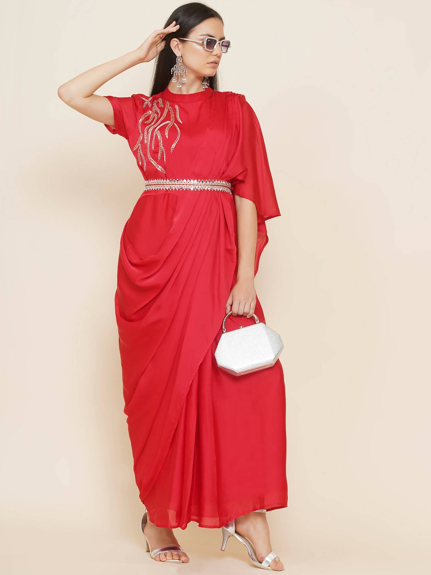 Women Republic Red Hand Embelleshed Gown With Drape | Grocsy