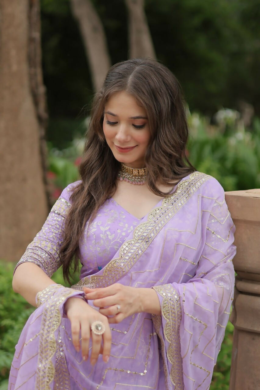 Lorenvalley Lavender Pure Viscose Jacquard with Golden Embroidered Sequins work Lehenga Choli | Grocsy