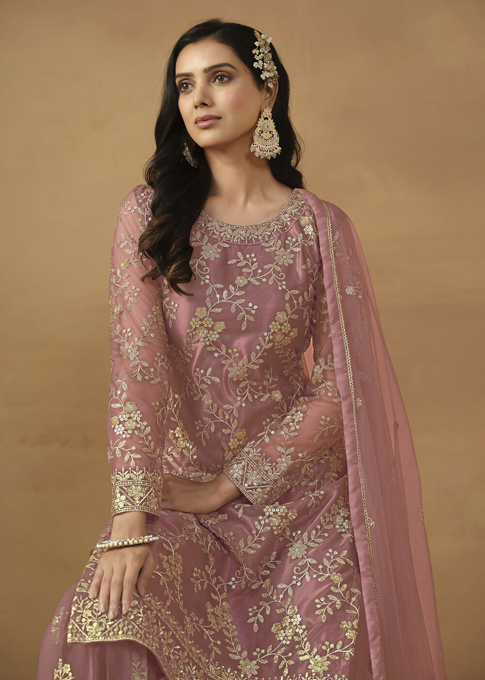 Old Rose Net Embroidered Wedding Festive Gharara Suit - Emponline | Grocsy