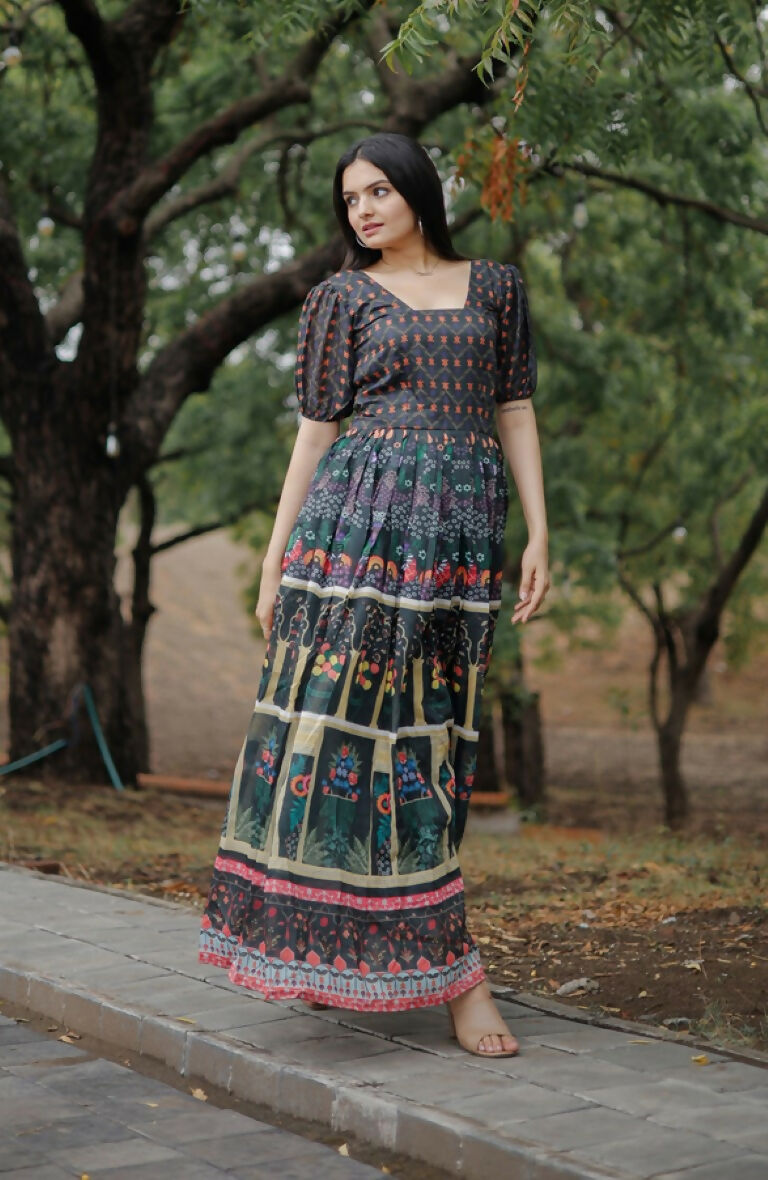 Jyoti Fashion Women's Black Heavy Digital Printed Pure Chanderi Anarkali Dress | Grocsy