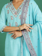 Sangria Embroidered Cotton Kurta With Trousers & Dupatta | Grocsy