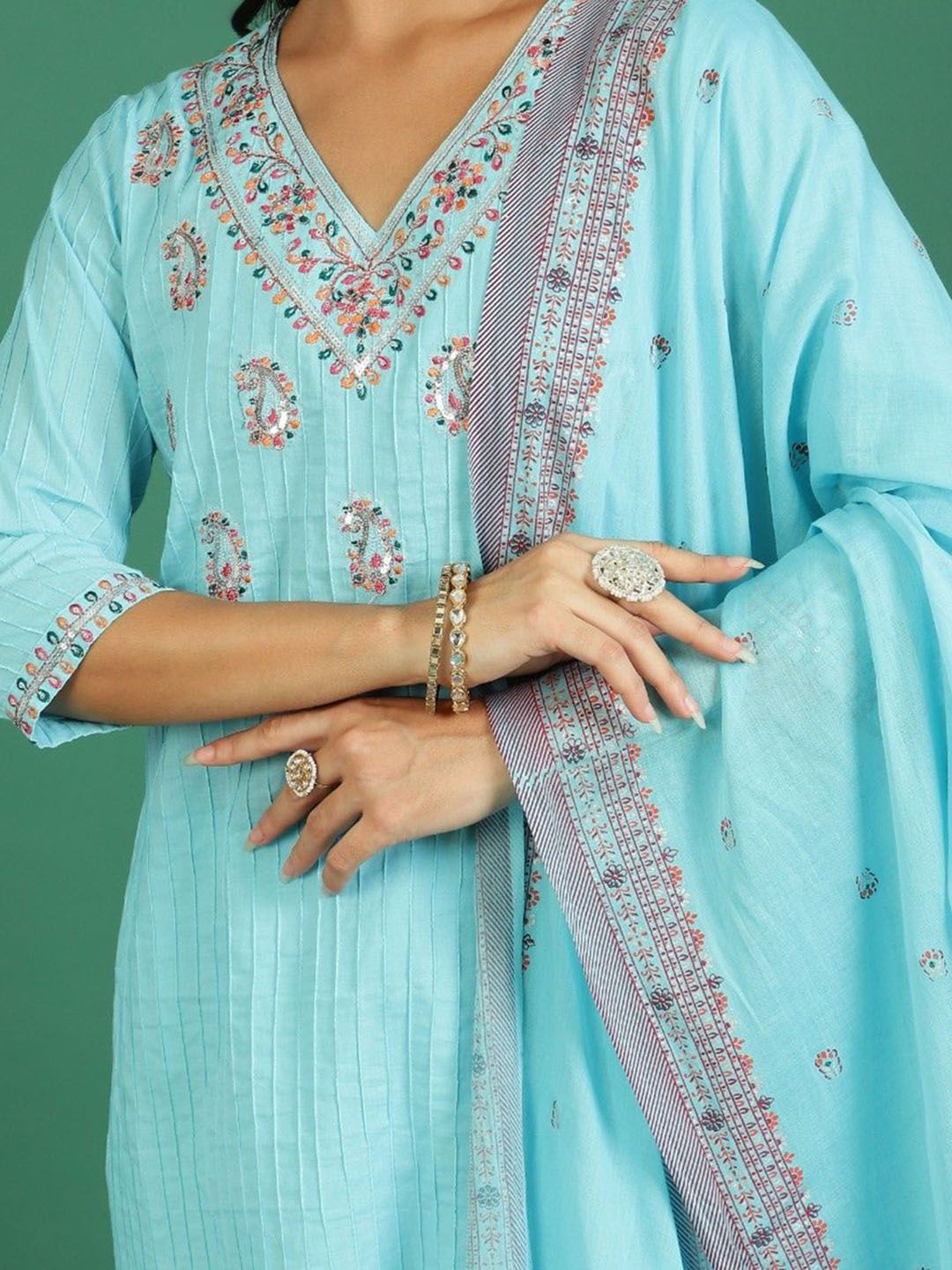 Sangria Embroidered Cotton Kurta With Trousers & Dupatta | Grocsy