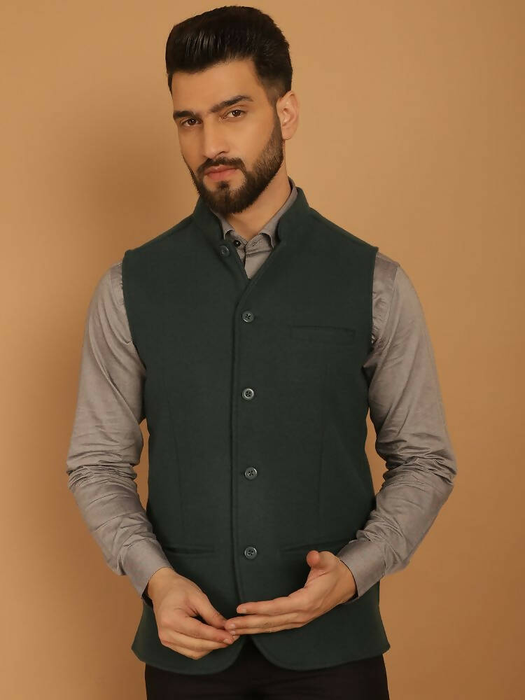 Even Apparels Pure Wool Nehru Jacket - Green | Grocsy