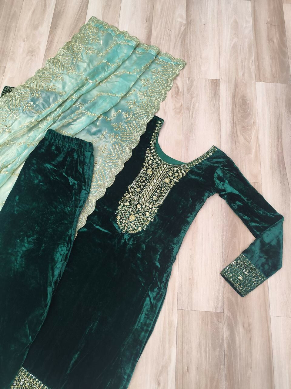 Vastranavya Green Velvet With Rich Sequins & Zari Embroidered Work Top-Bottom With Dupatta | Grocsy