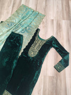 Vastranavya Green Velvet With Rich Sequins & Zari Embroidered Work Top-Bottom With Dupatta | Grocsy
