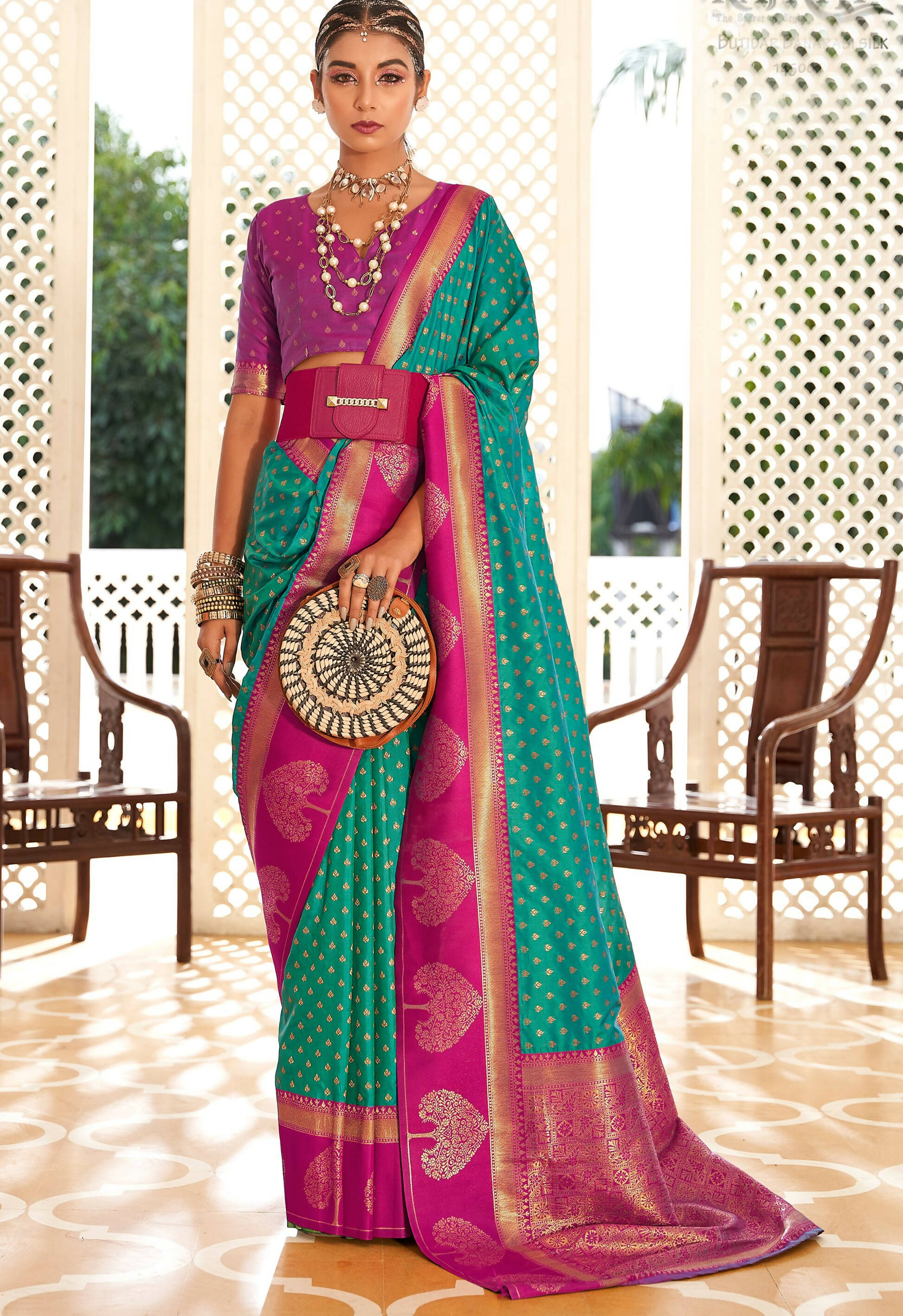 Sea Green Soft Banarasi Paithani Copper Zari Weaving Saree With Unstitched Blouse Piece - Jodha | Grocsy