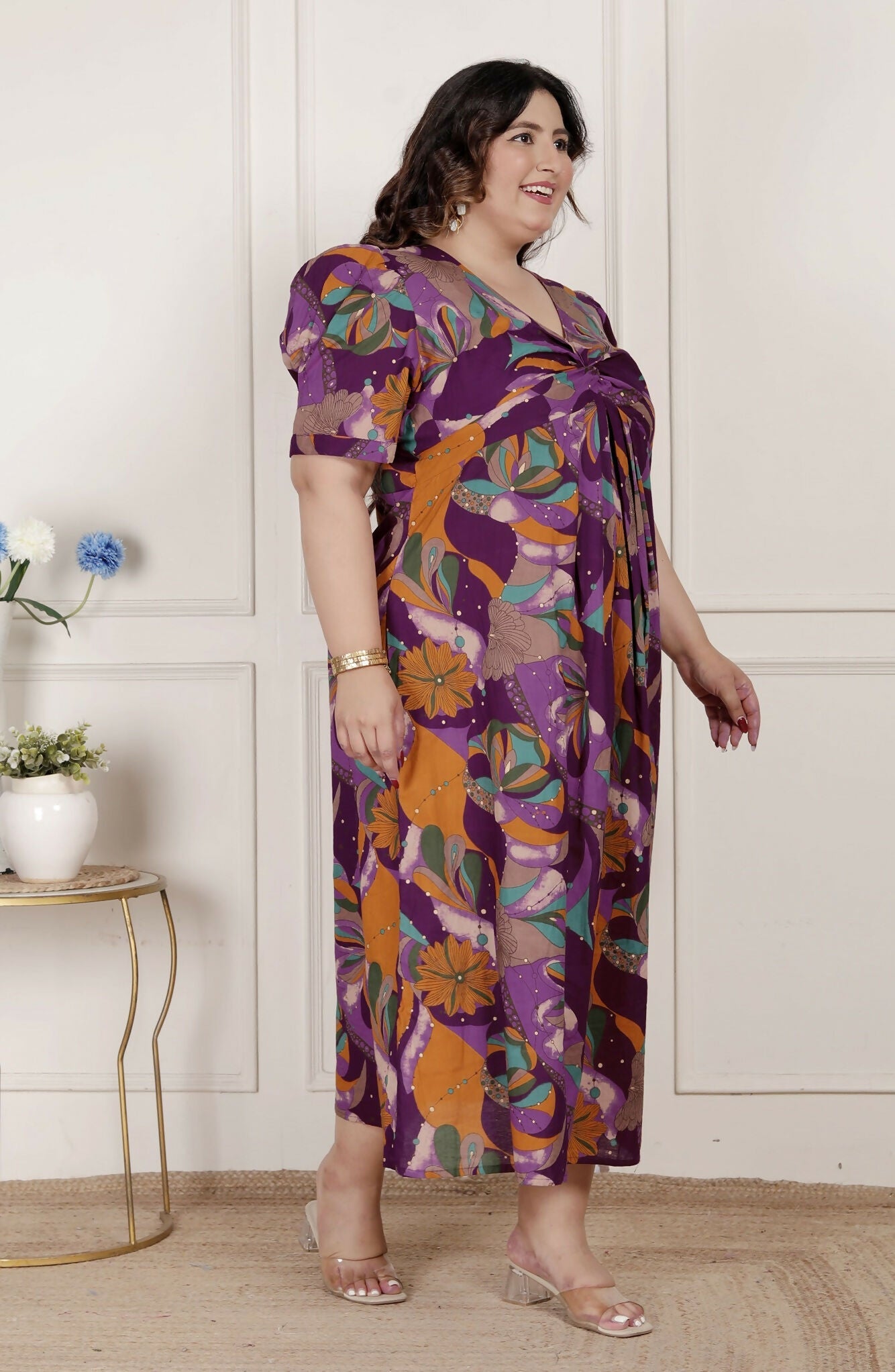 Miravan Womens Plus Size Floral Print Puff Sleeve Pure Cotton Magenta Butterfly Maxi Dress | Grocsy