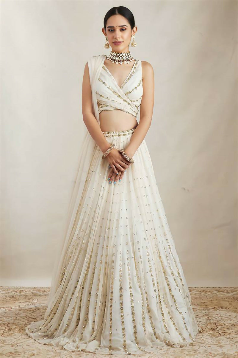 Jyoti Fashion Graceful Off White Sequence With Zari Embroidered Georgette Lehenga Choli with Dupatta | Grocsy