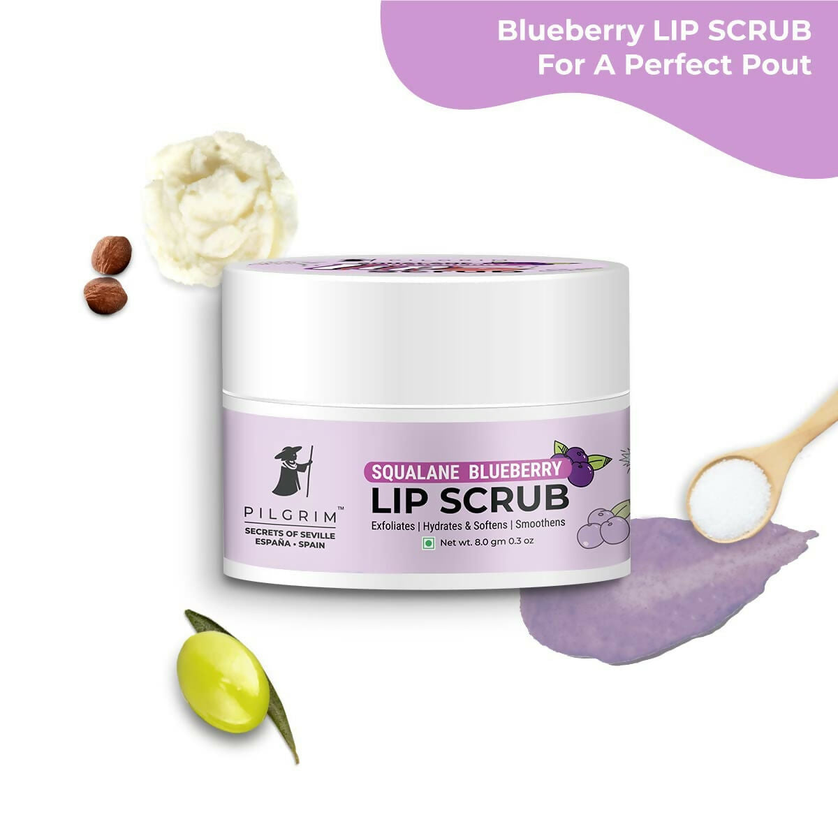 Pilgrim Spanish Lip Scrub (Blueberry) For Dark Lips, Gentle Exfoliation, Hydrated, Smooth & Soft Lips | Grocsy