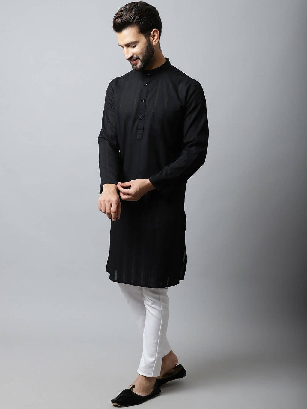 Even Apparels Black Color Pure Cotton Men's Kurta With Band Collar (STR1188) | Grocsy