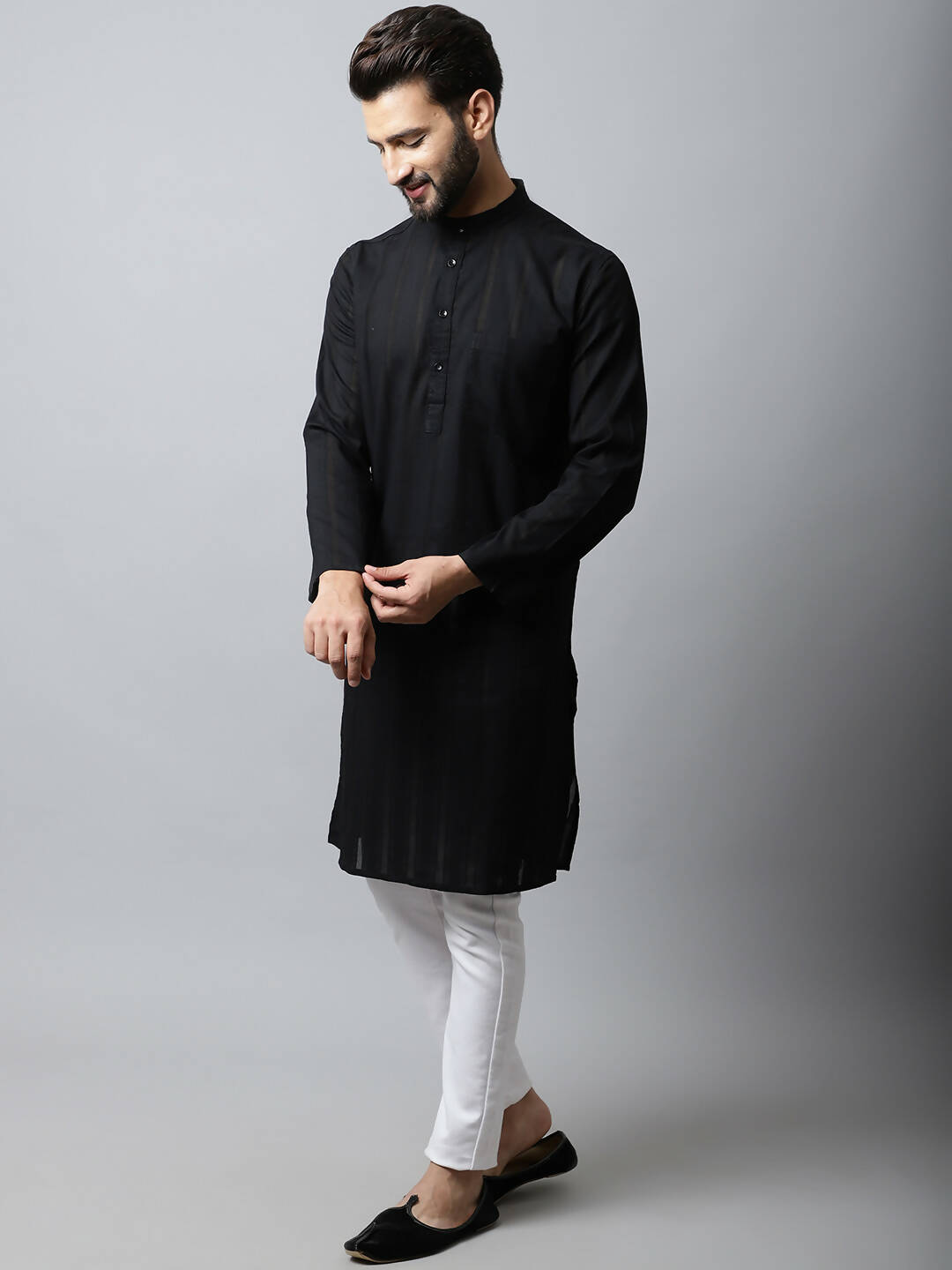 Even Apparels Black Color Pure Cotton Men's Kurta With Band Collar (STR1188) | Grocsy