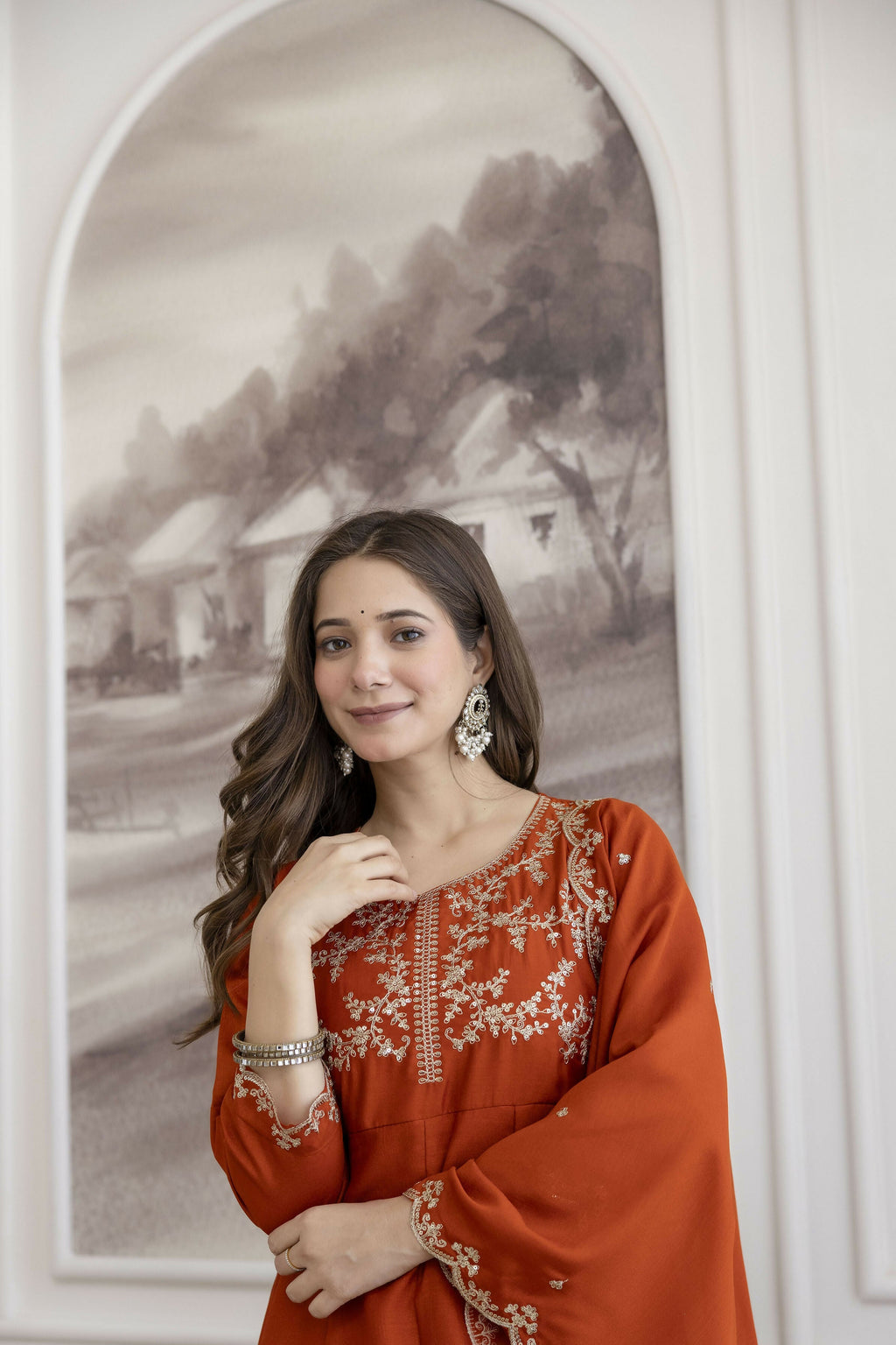 The52 Orange Women's Beautiful Vichitra Silk Fabric Embroidered Work Flared Anarkali Pant and Dupatta Set | Grocsy