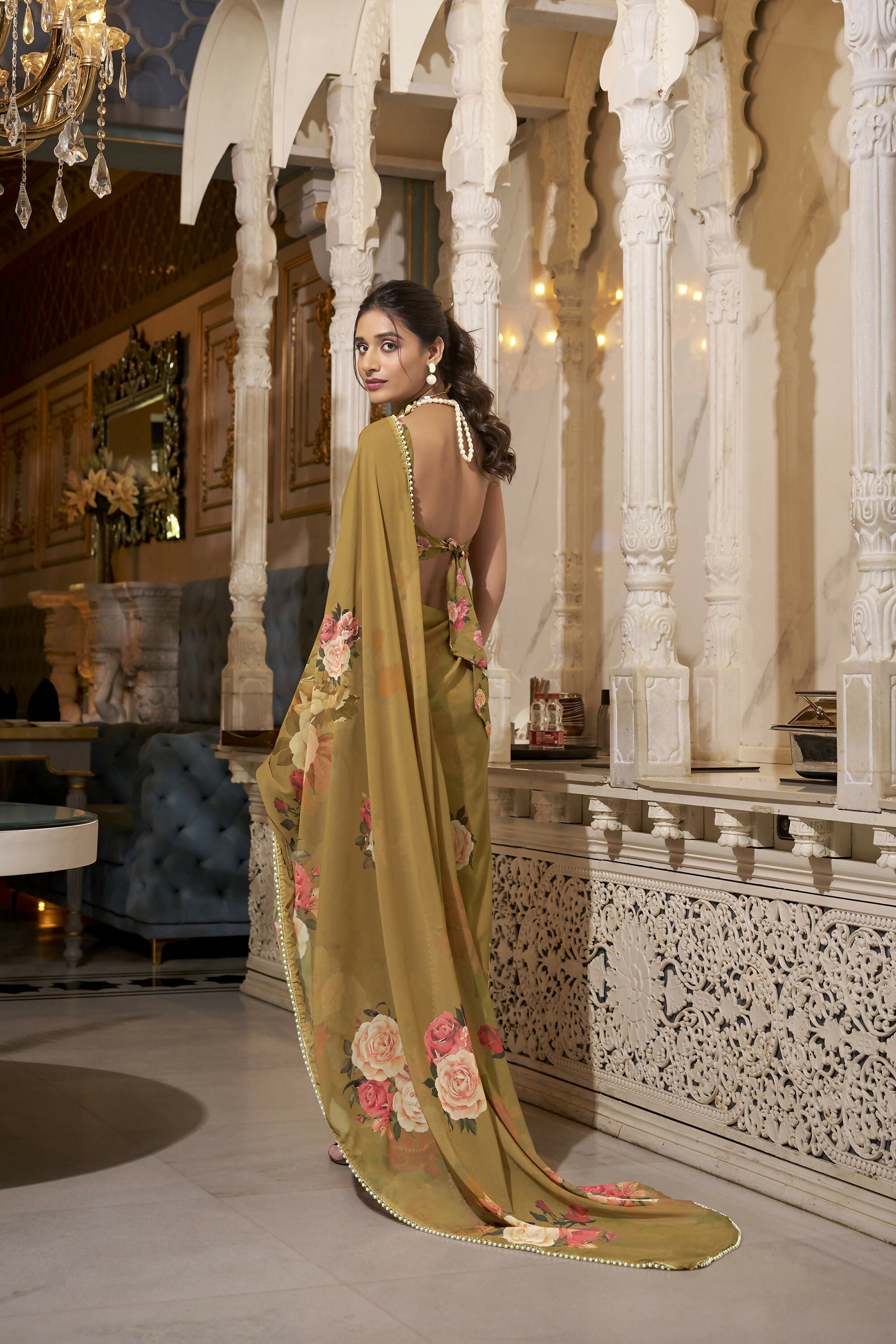 Vastranavya Brown Spectacular Georgette Printed with Pearl Lace Saree with Unstitched Blouse | Grocsy