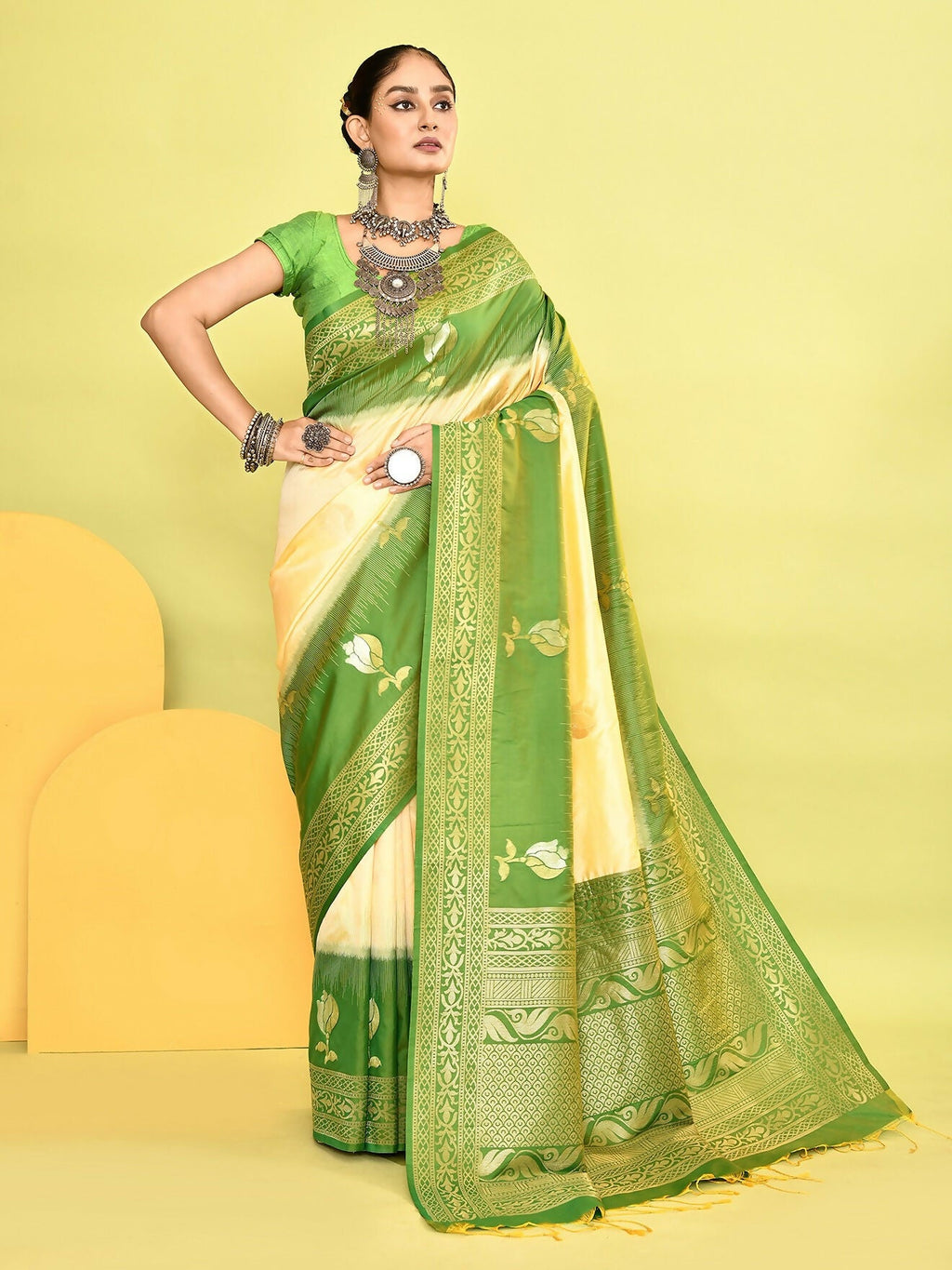 Joban Fashion Light Yellow & Parrot Green Plain With Weaving Border Banarasi Silk Sarees | Grocsy