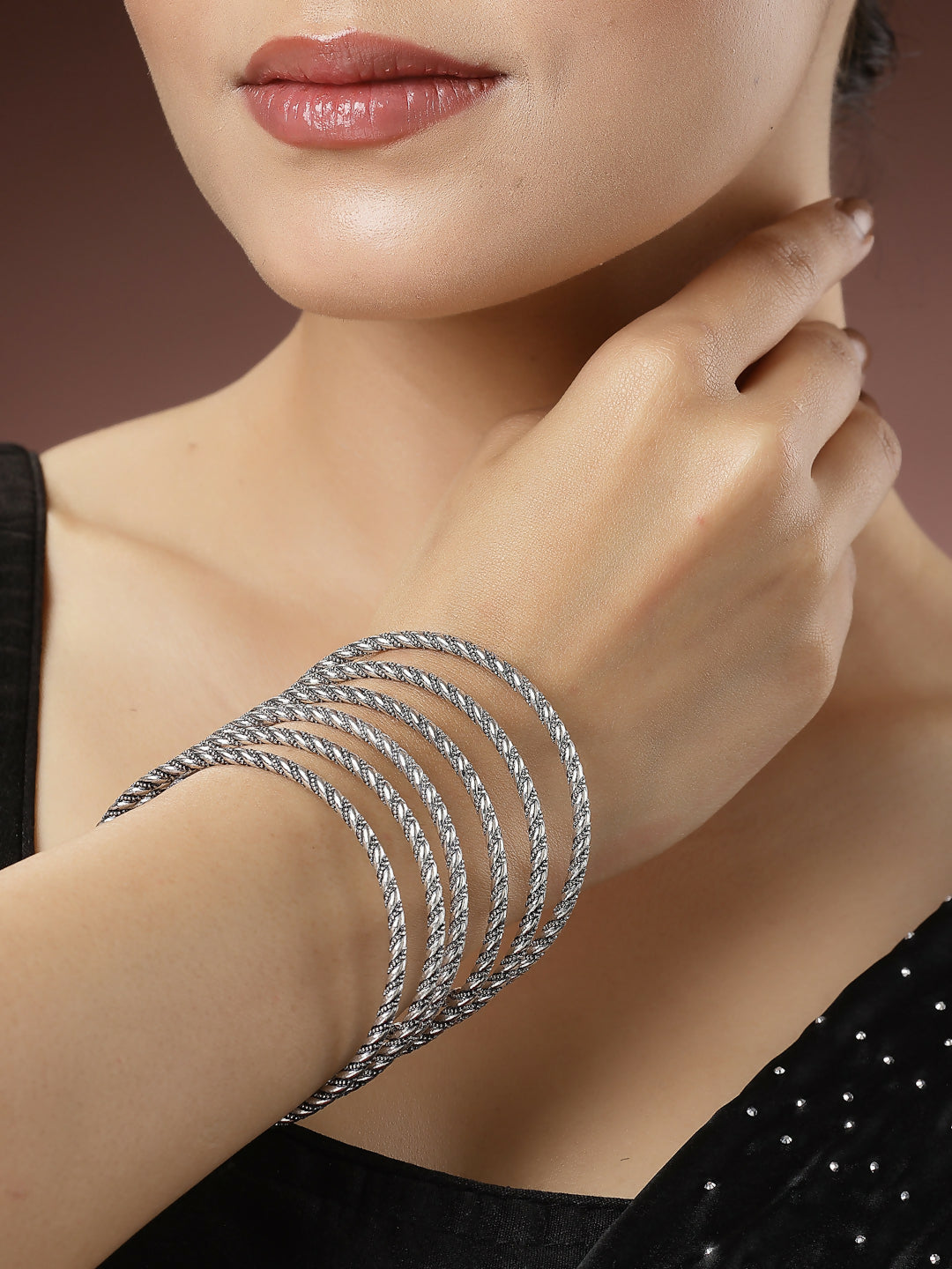 NVR Women's Set of 6 Silver-Toned German Silver Oxidised Bangles | Grocsy