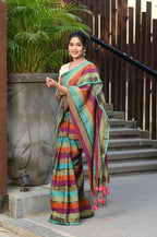 Beatitude Multicolor Cotton Stripes Golden Zari Saree | Grocsy