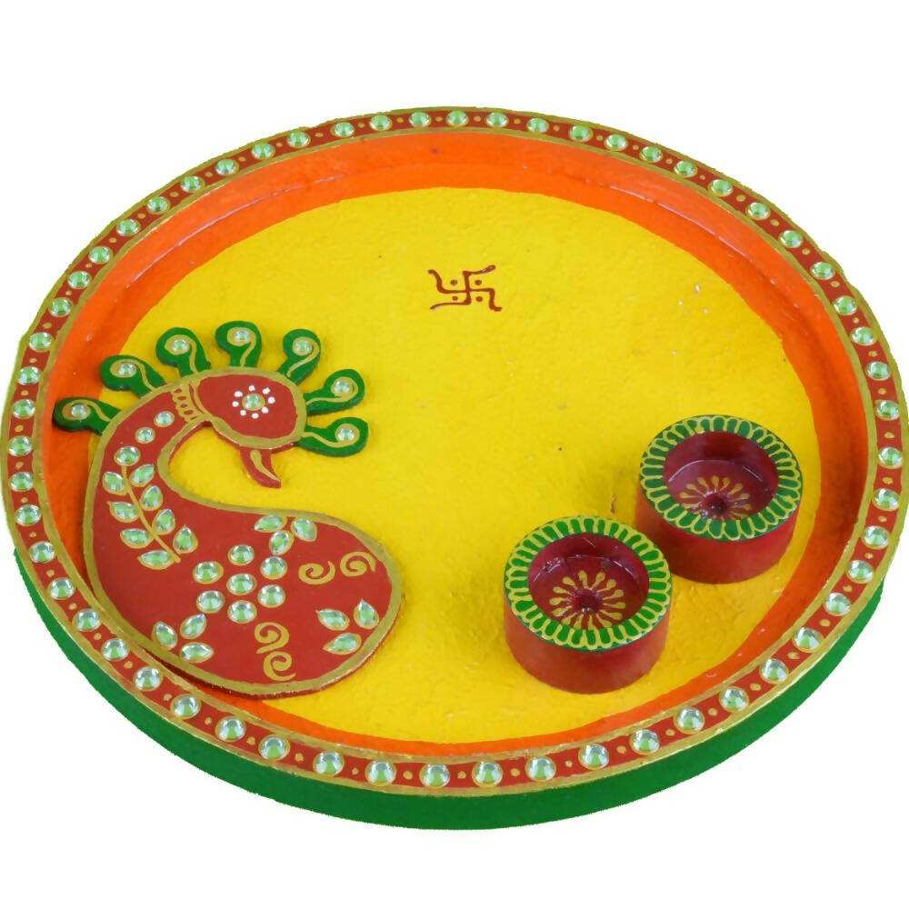 Kundan HandiKrafts Mdf Peacock Pooja Thali (Round) | Grocsy