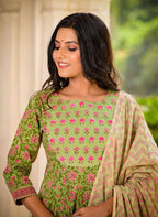 Yufta Women Green Floral Printed Pure Cotton Anarkali Kurta with Trouser and Dupatta | Grocsy