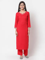 Myshka Red Cotton Solid 3/4 Sleeve Square Neck Casual Kurta Pant Dupatta Set | Grocsy