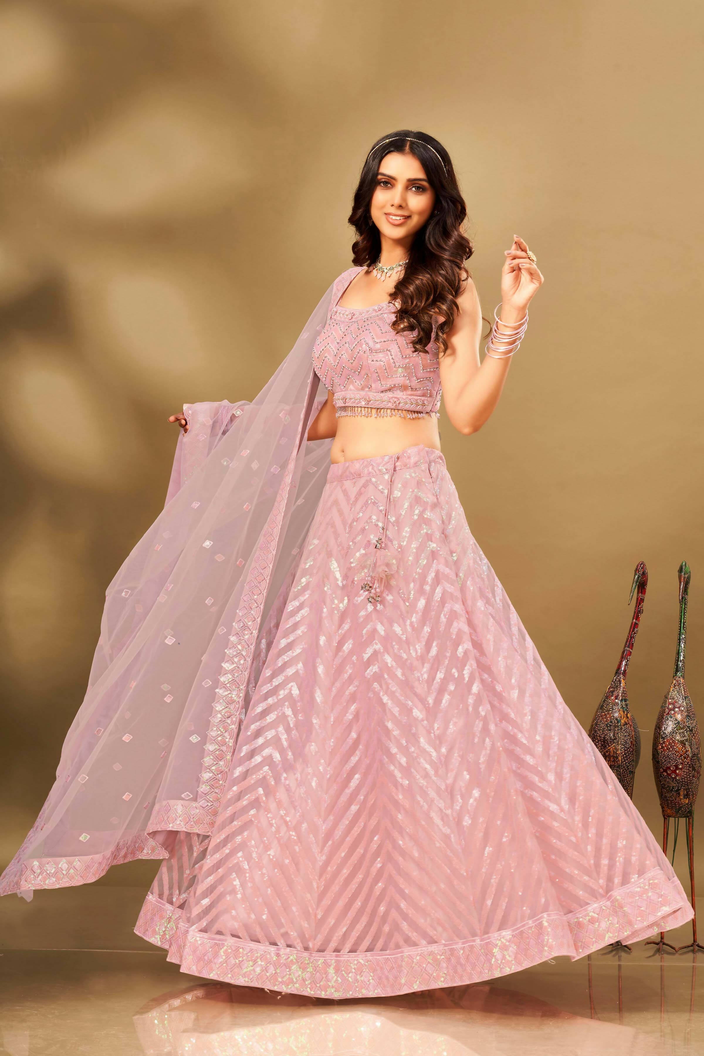 Pink Net Sequence work Lehenga Choli with Dupatta - Dhvani | Grocsy