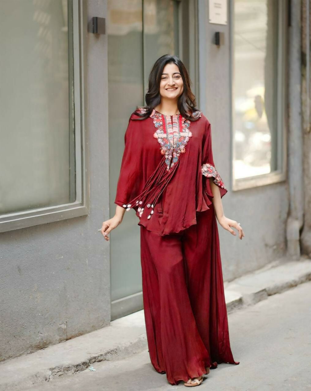 Joban Fashion Red Chinon Embroidery Sequence Work Readymade Kurta Set | Grocsy