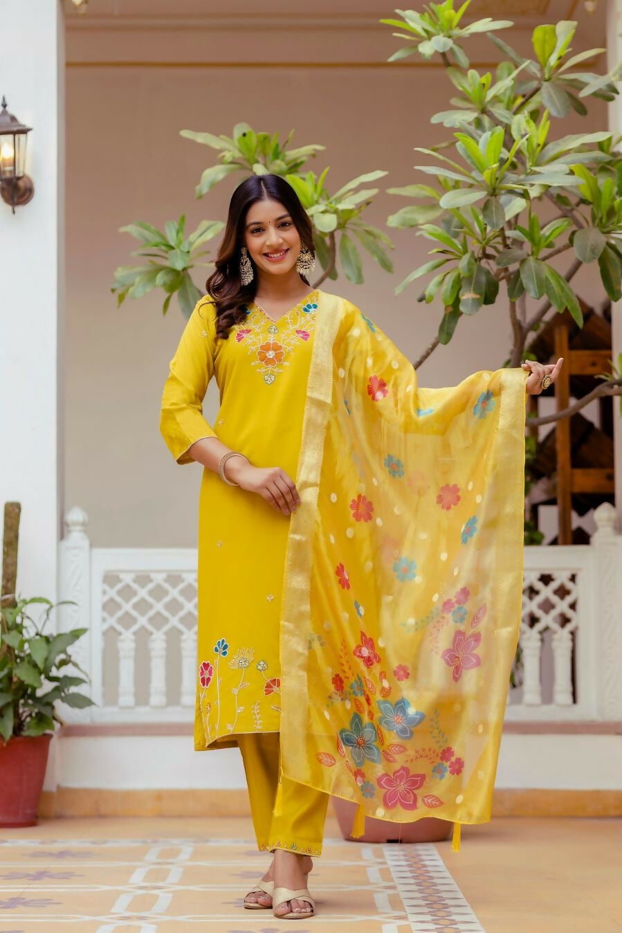 The52 Yellow Women's Gorgeous Embroidered work Viscose Gadhwal Fabric Straight Kurta, Pant and Dupatta Set | Grocsy