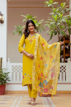 The52 Yellow Women's Gorgeous Embroidered work Viscose Gadhwal Fabric Straight Kurta, Pant and Dupatta Set | Grocsy