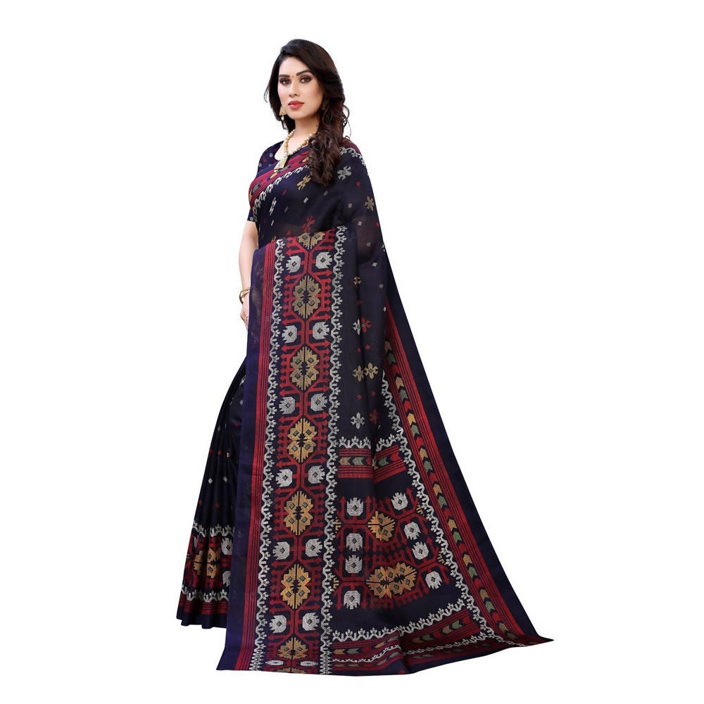 Vamika Printed Jute Silk Navy Blue Saree (Namita Navy) | Grocsy