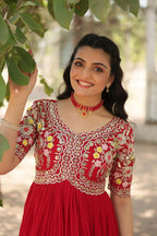 Vastranavya Faux Blooming with Embroidery Zari Sequins-work Gown - Red | Grocsy