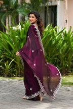 Vastranavya Wine Embroidery Work Shimmer Chiffon Saree with Unstitched Blouse | Grocsy