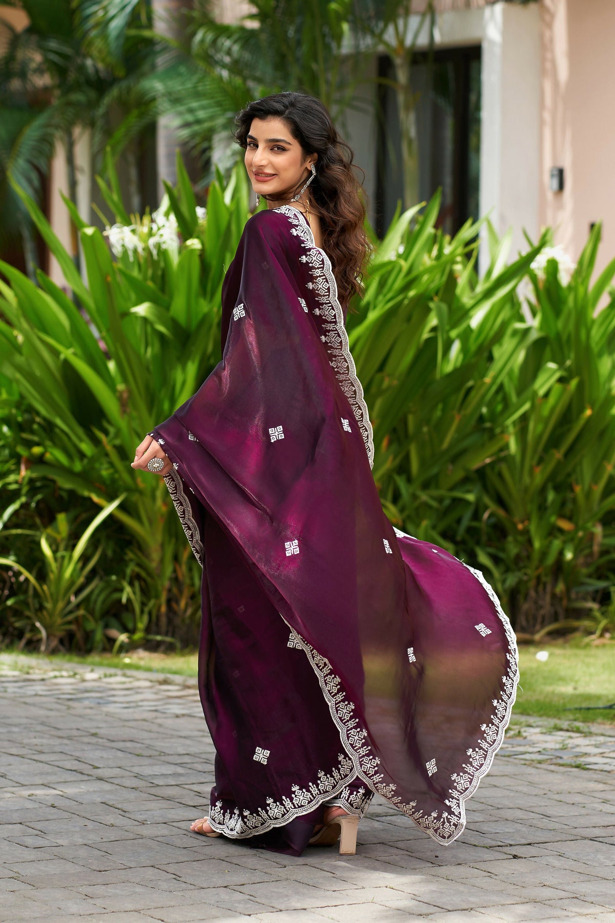Vastranavya Wine Embroidery Work Shimmer Chiffon Saree with Unstitched Blouse | Grocsy