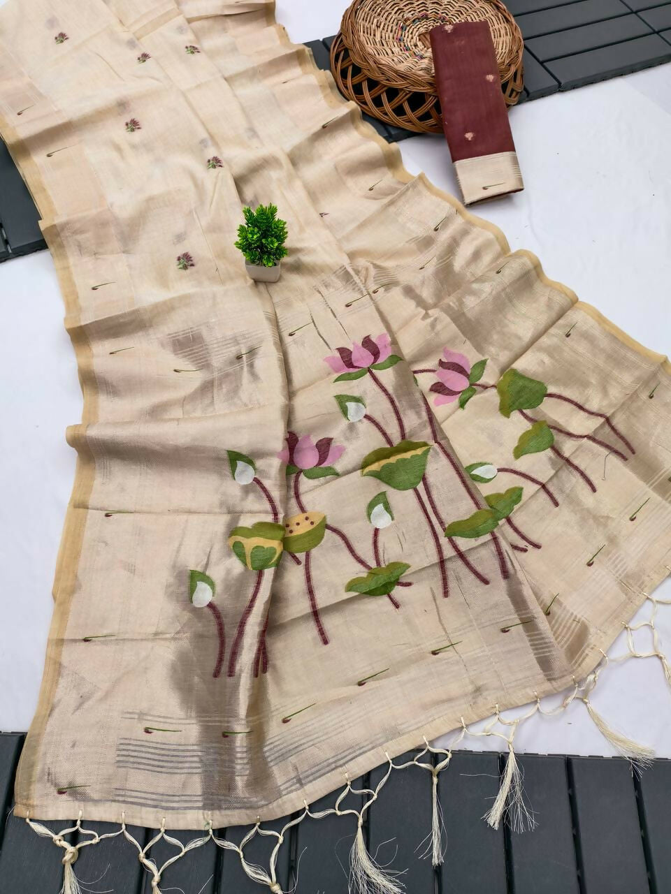 Vastranavya Cream Muga Cotton Meenakari & Munia Weaving Pallu Saree with Contrast Blouse | Grocsy