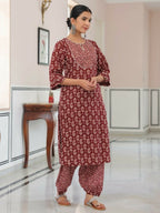 Aramya Straight Soft Cotton Block Print Women's Kurta Set - Brown | Grocsy
