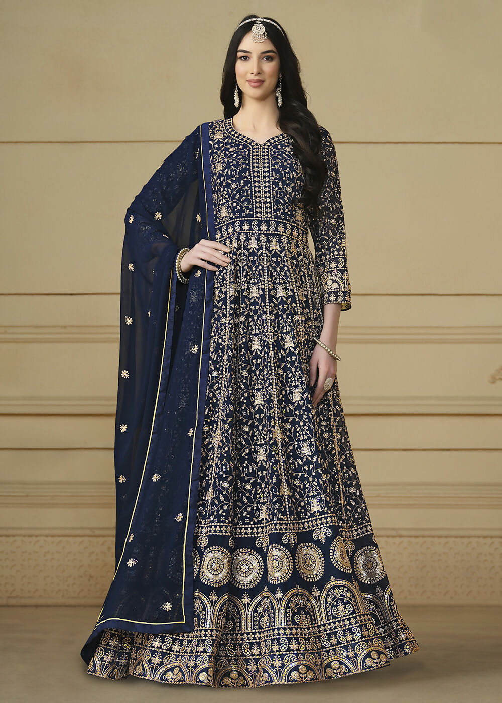 Navy Blue Embroidered Trendy Style Anarkali Suit - Emponline | Grocsy