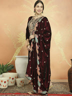 Jyoti Fashion Women's Maroon Velvet Cording with Resham Thread & Sequin Kurta with Trouser & Dupatta | Grocsy
