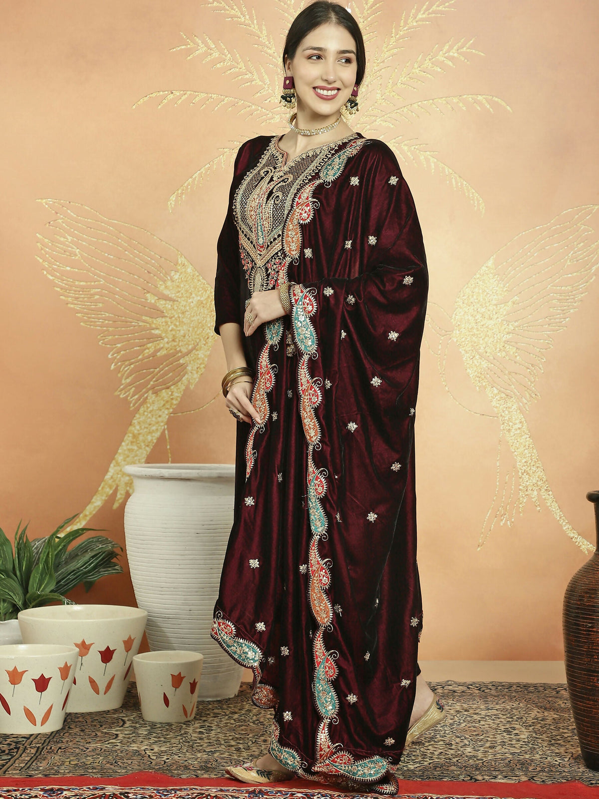 Jyoti Fashion Women's Maroon Velvet Cording with Resham Thread & Sequin Kurta with Trouser & Dupatta | Grocsy