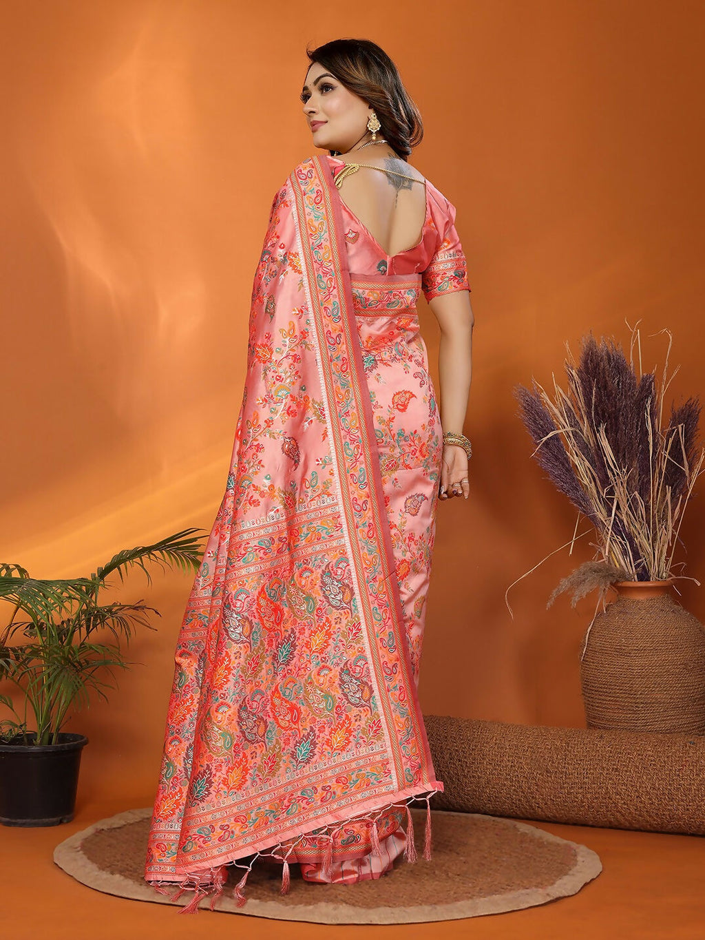 Joban Fashion Peach Meena Weaves Pashmina Sarees | Grocsy