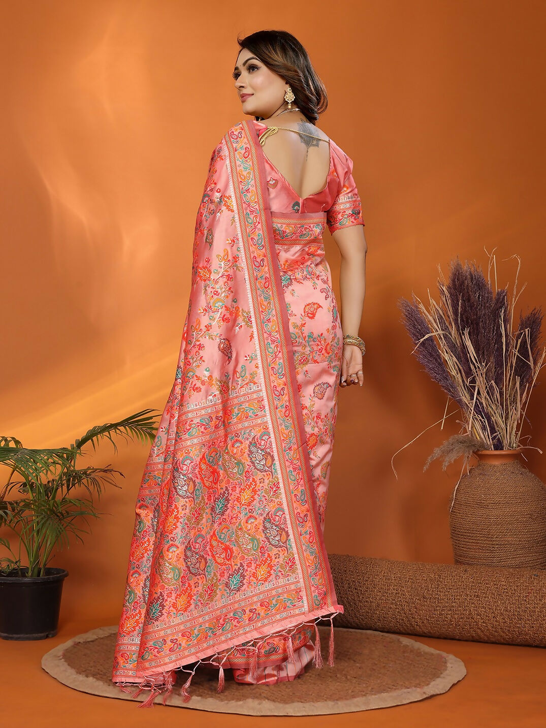 Joban Fashion Peach Meena Weaves Pashmina Sarees | Grocsy