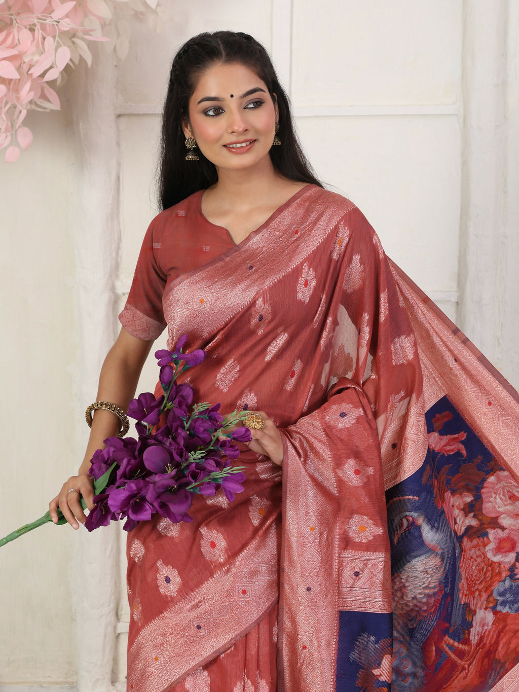 Shree Shyam Fashion Linen Cotton Rust Saree | Grocsy
