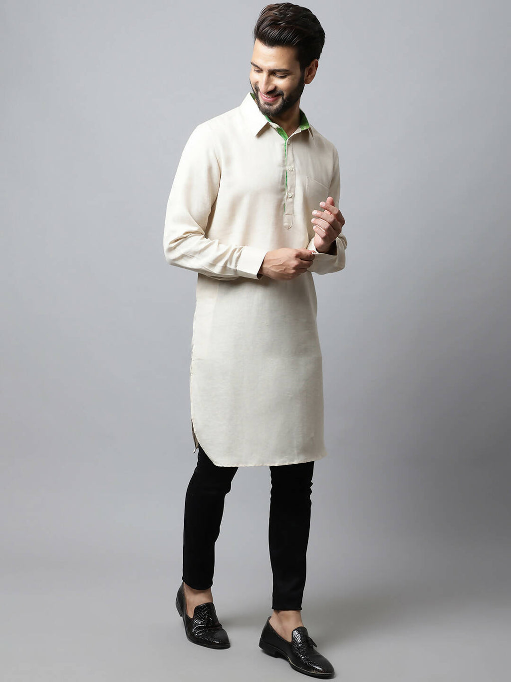 Even Apparels Cream Color Cotton Solid Men's Kurta With Shirt Collar (LN027) | Grocsy