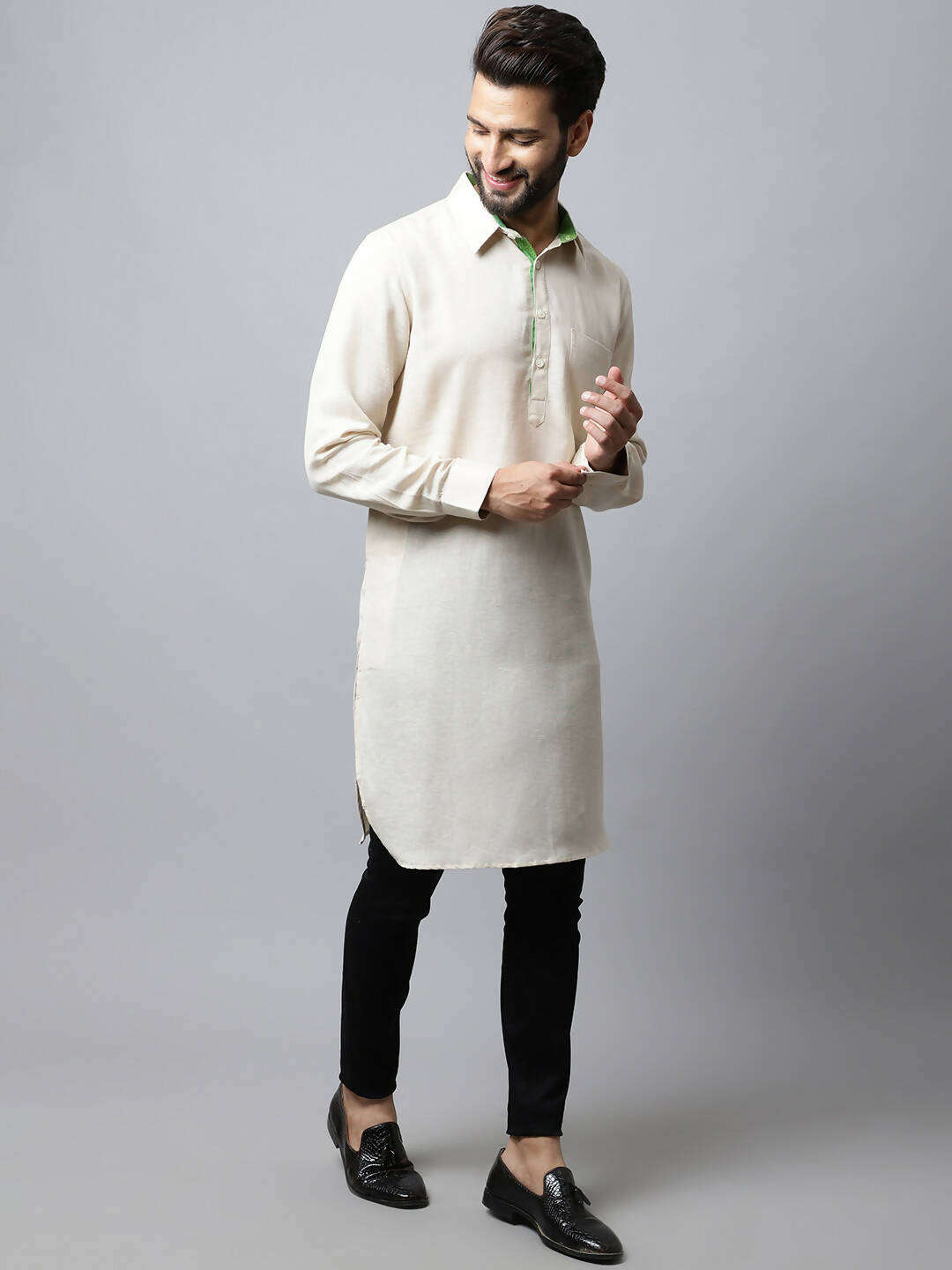 Even Apparels Cream Color Cotton Solid Men's Kurta With Shirt Collar (LN027) | Grocsy