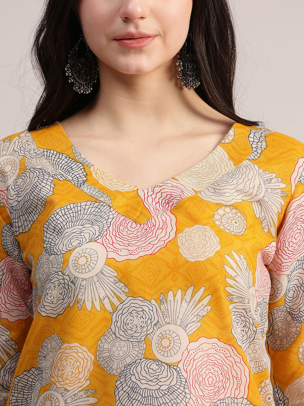Aavyora Women Yellow Floral Printed Kurta with Striped Pants & Dupatta Set | Grocsy